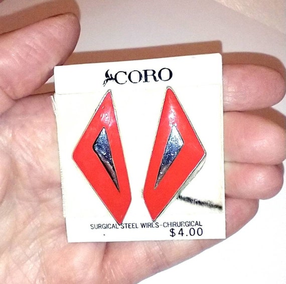 80s New CORO Orange Red Geometric Earrings, Pierc… - image 2