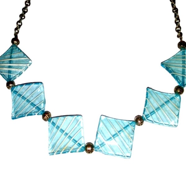 Vintage Aqua Blue Necklace Choker 80s Geometric Chicklets Bib Necklace Clear Translucent Turquoise 1980s New Wave Fashion Vintage Jewelry