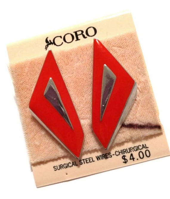 80s New CORO Orange Red Geometric Earrings, Pierc… - image 5