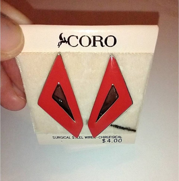 80s New CORO Orange Red Geometric Earrings, Pierc… - image 8