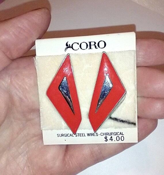 80s New CORO Orange Red Geometric Earrings, Pierc… - image 4