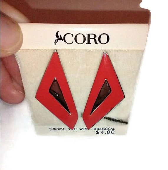 80s New CORO Orange Red Geometric Earrings, Pierc… - image 1