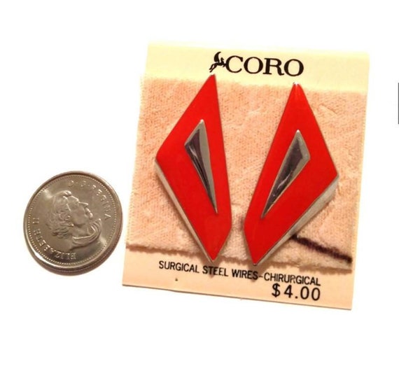 80s New CORO Orange Red Geometric Earrings, Pierc… - image 3
