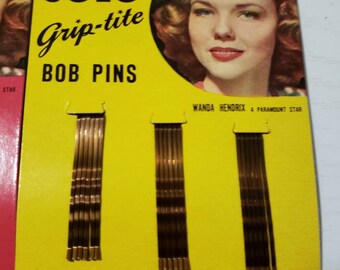 1940s Bob Hair Pins Grip-Tite Vintage Bobby Pins 40s Old Hollywood Movie Star Wanda Hendrix Beauty Hair Salon SOLO Advertising Gift Yellow