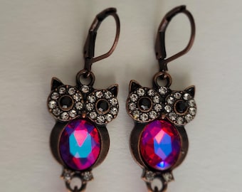 Magenta Rhinestone Owl Earrings