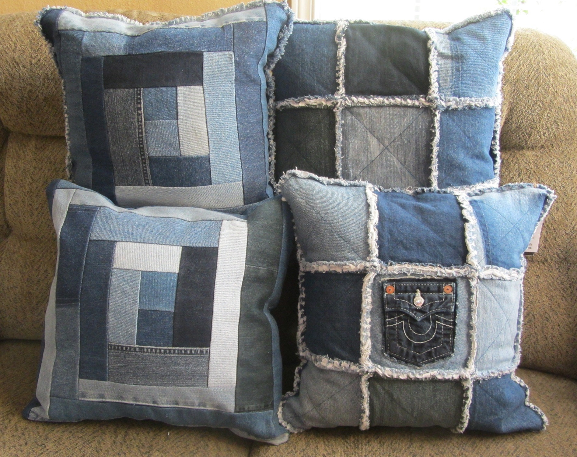 Heart Grid Patchwork Denim Throw Pillow Cover 18x18 Inch - Linen Blend For Sofa & Home Decor - View #3