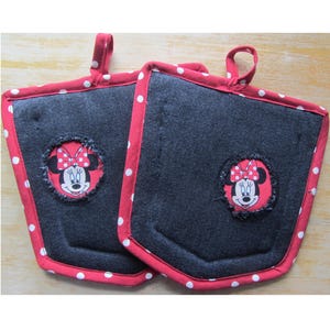 Black Denim Minnie Mickey Mouse Potholders - Pair