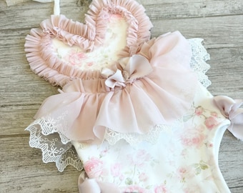 Soft pink rose with bows baby romper lace baby dress cake smash romper rosette romper baby pink baby dress