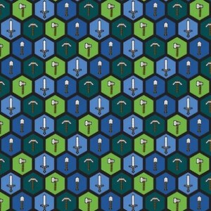 Puede incluir: Un patr&oacute;n sin costuras que presenta un dise&ntilde;o hexagonal repetitivo. Cada hex&aacute;gono contiene una imagen pixelada de una espada, un hacha o un pico. Los hex&aacute;gonos alternan entre azul y verde, y el fondo es negro.