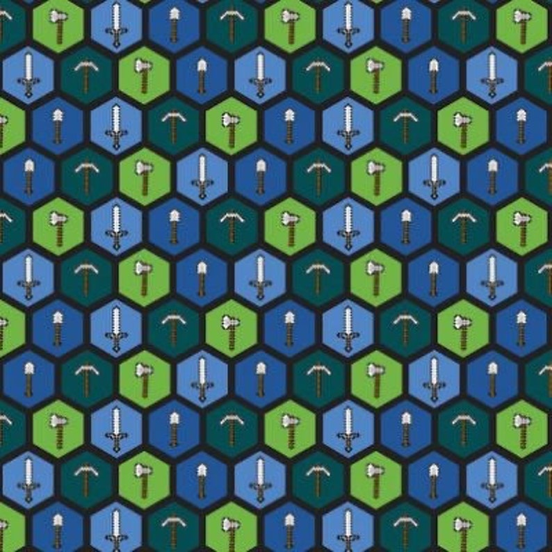 Puede incluir: Un patr&oacute;n sin costuras que presenta un dise&ntilde;o hexagonal repetitivo. Cada hex&aacute;gono contiene una imagen pixelada de una espada, un hacha o un pico. Los hex&aacute;gonos alternan entre azul y verde, y el fondo es negro.