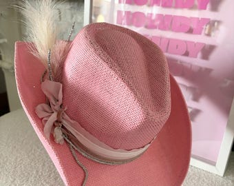 Straw cowboy hat light pink straw cowgirl hat bachelorette party hat concert cowboy hat decorative cowboy hat womens cowboy hat