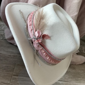 Chic Pink Feathered Women\'s Western Hat Pink Cowboy Hat With Feather, Pink Cowgirl Hat,country  main image 4