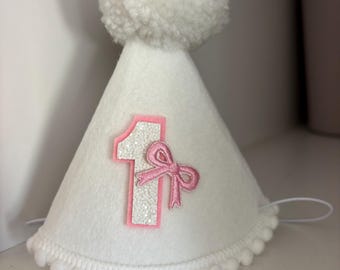 white and pink bow birthday hat birthday crown first birthday crown