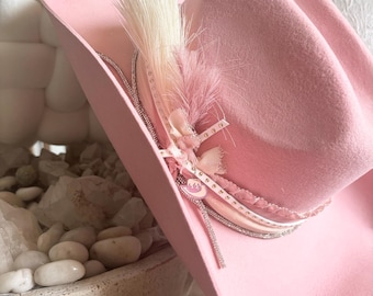 Pink cowboy hat wool cowboy hat ivory gray  cowgirl hat girls lace cowboy hat western hat womens pink hat