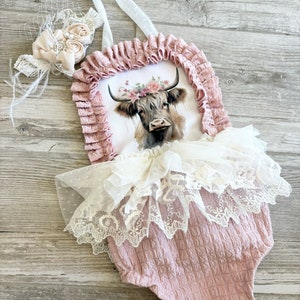 Cow floral romper baby dress floral pink romper animal romper my first rodeo birthday image 1