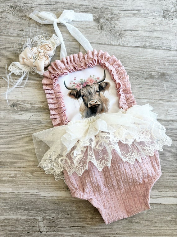 Cow floral romper baby dress floral pink romper animal romper my first rodeo birthday