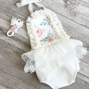 Spring flowers Lace Newborn Romper photo prop with matching headband 3 DAY SALE  for newborn size romper and headband! Great gift!