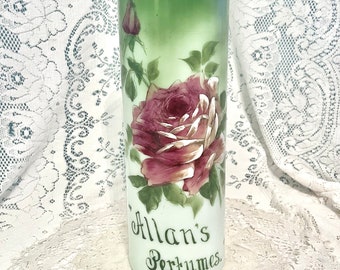 Antique Perfume Advertising Vase Milk Glass Hand Painted Allans Perfume Rose