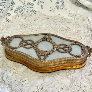 Antique French Desk Tray Inkwell Amber Glass and blue/ gold Ormalu Top