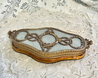 Antique French Desk Tray Inkwell Amber Glass and blue/ gold Ormalu Top