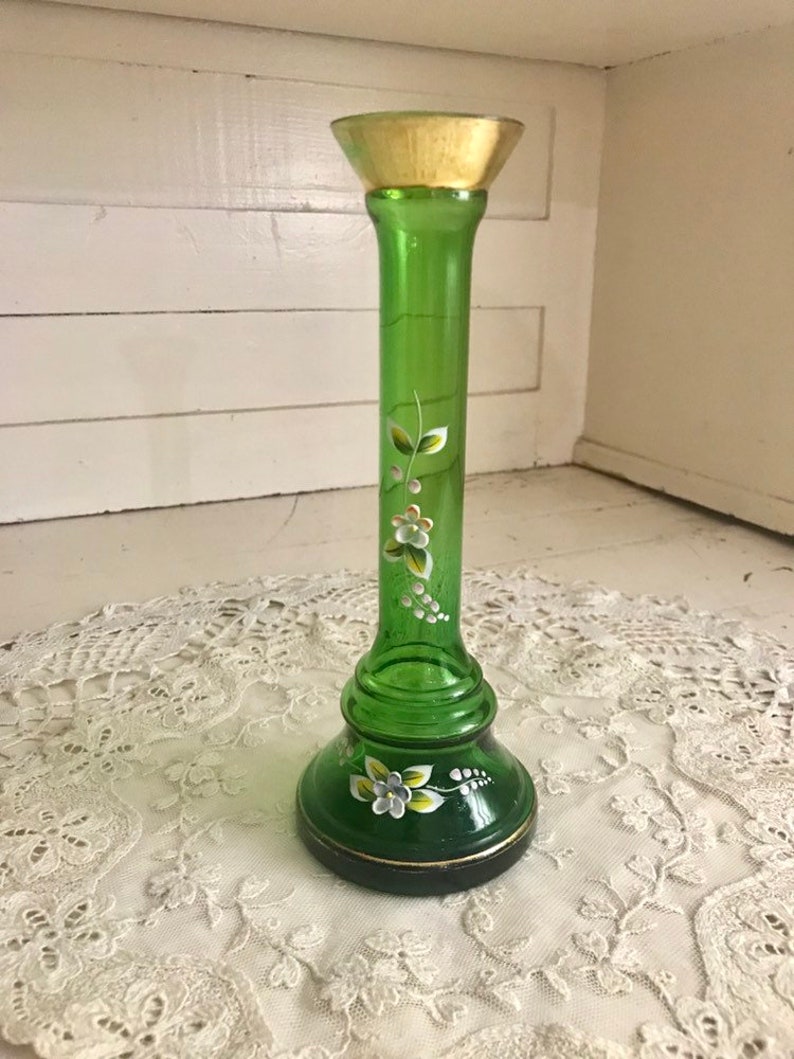 Green Glass Vase Hand Painted Raised Flowers Nasco Japan Etsy