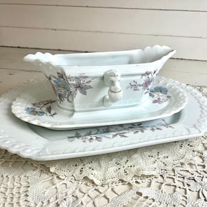 Antique Ironstone Serving Dishes Platter Gravy Boat Floral Transferware Pink Blue