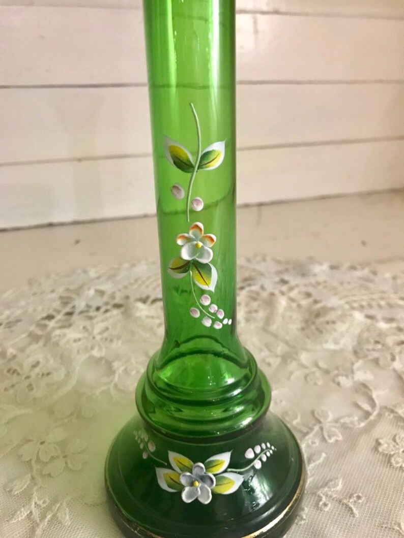 Green Glass Vase Hand Painted Raised Flowers Nasco Japan Etsy