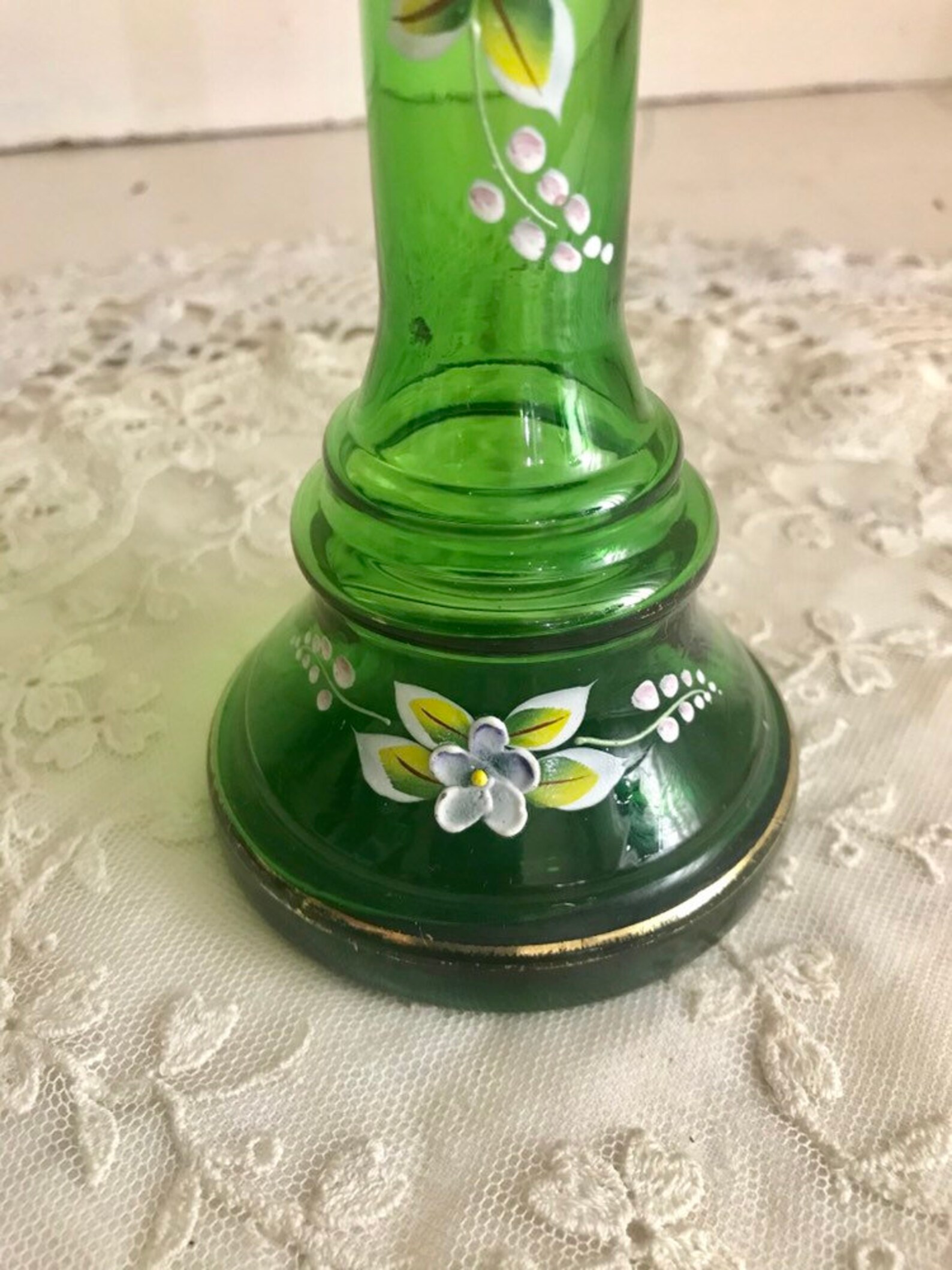 Green Glass Vase Hand Painted Raised Flowers Nasco Japan Etsy