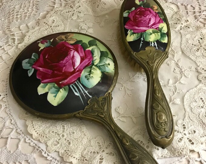Antique Hand Mirror and Brush Vanity Set Hand Painted Etsy