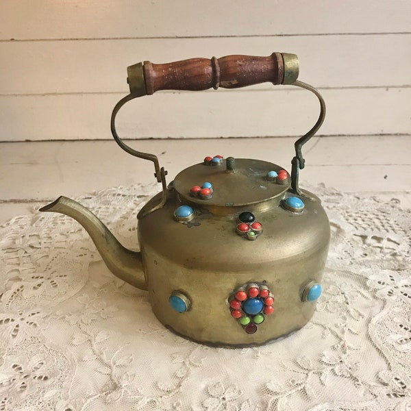 Vintage Brass Teapot With Stones Unique