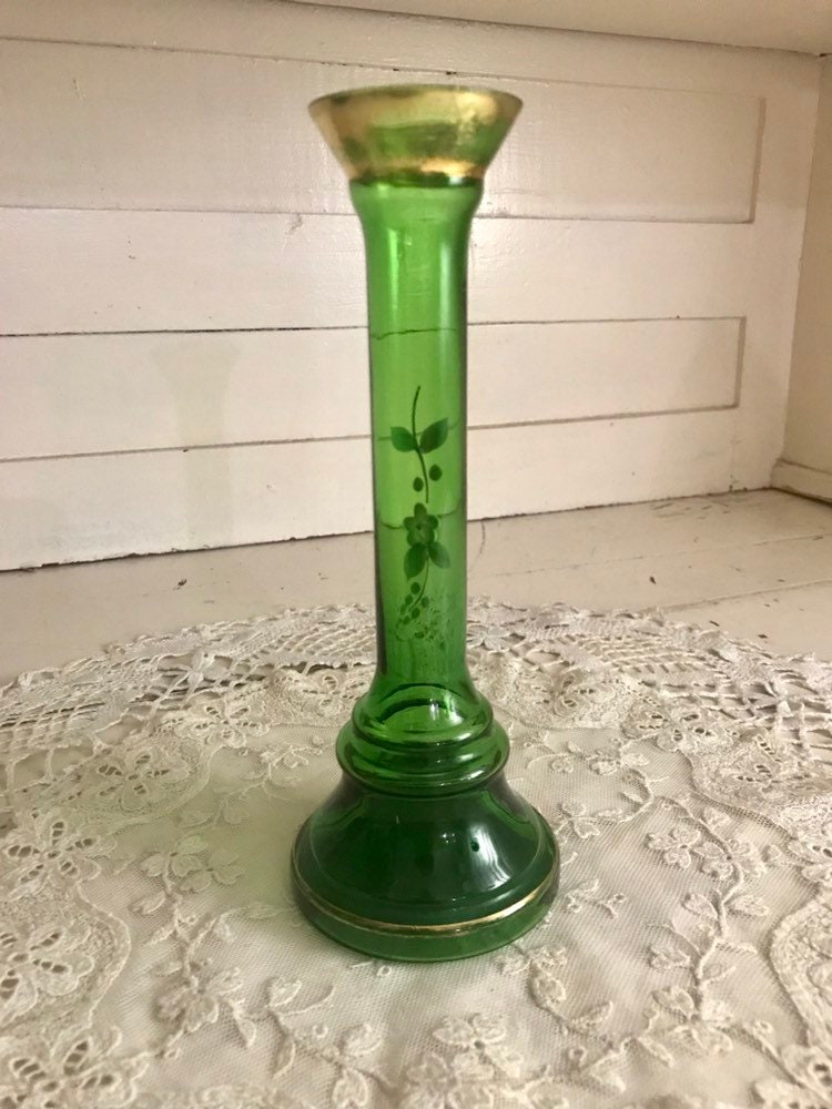 Green Glass Vase Hand Painted Raised Flowers Nasco Japan Etsy