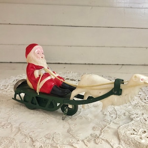 Vintage Celluloid Santa in Metal Sleigh Wind Up Toy