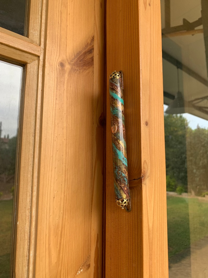 Great Synagogue Large Front Door Mezuzah Case, 4.72 Turquoise Brass Mezuza, Authentic Israel Doorpost Gift, Judaica Unisex Jewish Mezuzah image 9