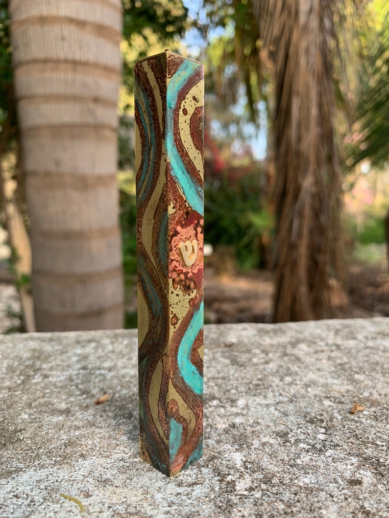 Large Square Jewish Mezuzah, 4.72 Mezuzah, Silver Jewish Wedding Gift, Home Blessing Mezuza, Turquoise Brass Parchment, Patina Scroll Case image 9