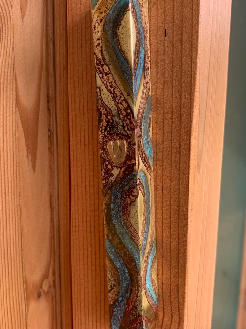 Large Square Jewish Mezuzah, 4.72 Mezuzah, Silver Jewish Wedding Gift, Home Blessing Mezuza, Turquoise Brass Parchment, Patina Scroll Case image 6