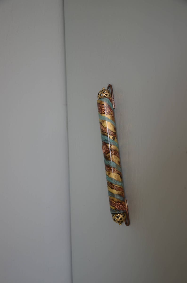 Great Synagogue Large Front Door Mezuzah Case, 4.72 Turquoise Brass Mezuza, Authentic Israel Doorpost Gift, Judaica Unisex Jewish Mezuzah image 3