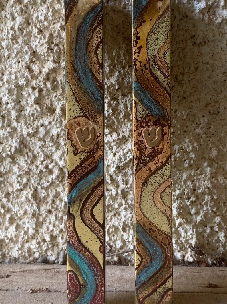 Large Square Jewish Mezuzah, 4.72 Mezuzah, Silver Jewish Wedding Gift, Home Blessing Mezuza, Turquoise Brass Parchment, Patina Scroll Case image 4