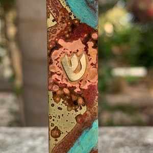 Large Square Jewish Mezuzah, 4.72 Mezuzah, Silver Jewish Wedding Gift, Home Blessing Mezuza, Turquoise Brass Parchment, Patina Scroll Case image 10