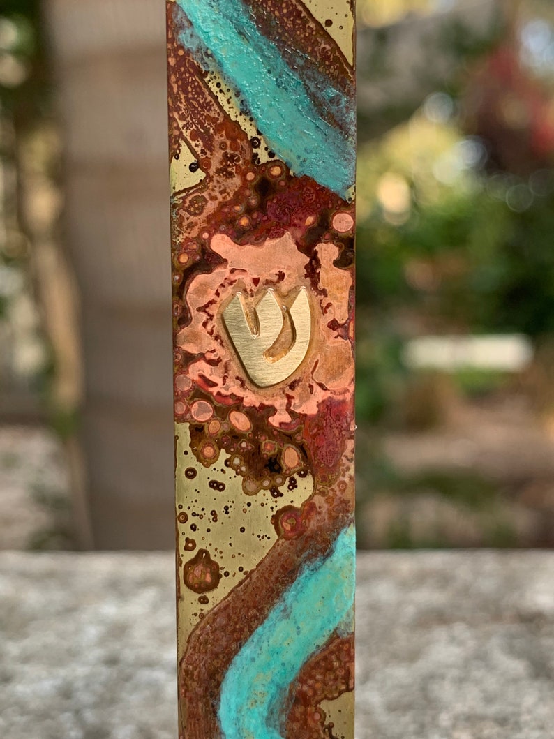 Large Square Jewish Mezuzah, 4.72 Mezuzah, Silver Jewish Wedding Gift, Home Blessing Mezuza, Turquoise Brass Parchment, Patina Scroll Case image 10