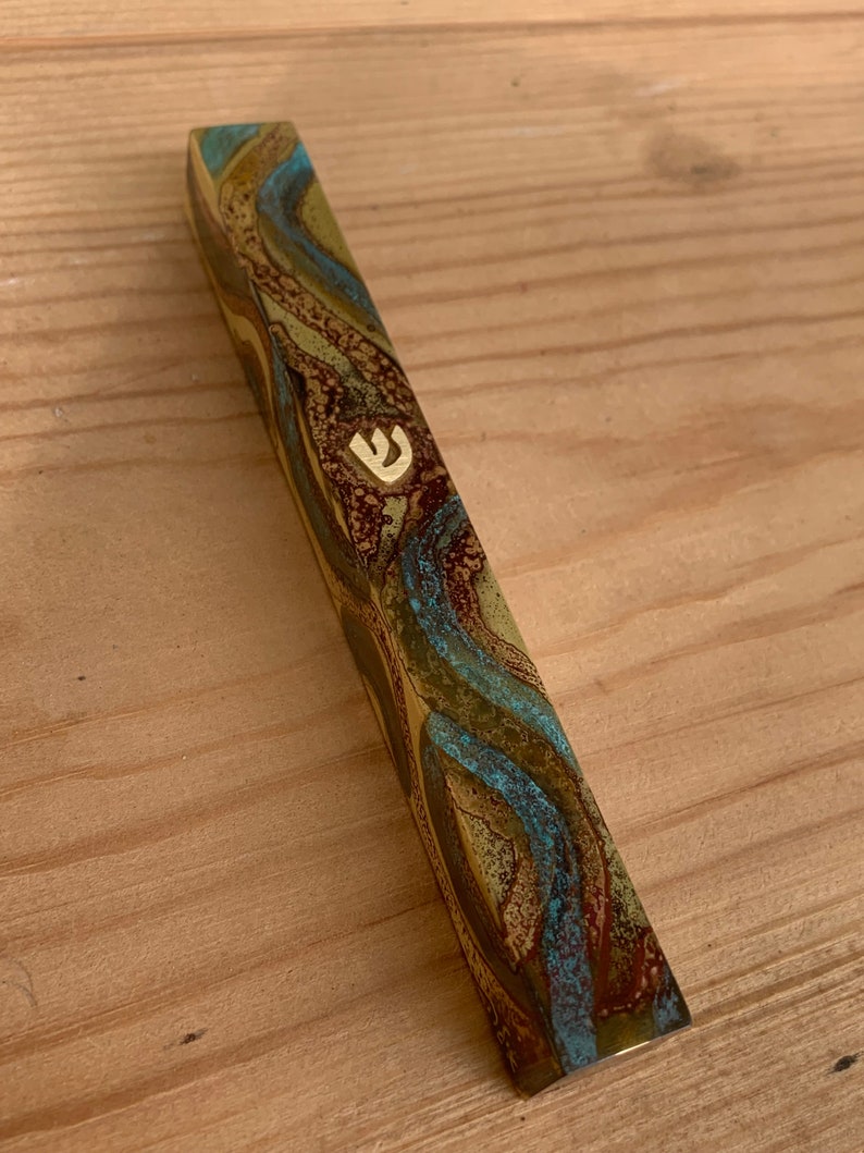Large Square Jewish Mezuzah, 4.72 Mezuzah, Silver Jewish Wedding Gift, Home Blessing Mezuza, Turquoise Brass Parchment, Patina Scroll Case image 1