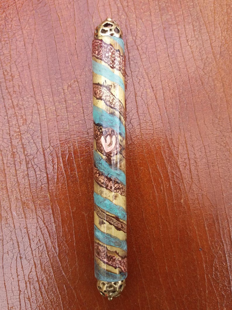 Great Synagogue Large Front Door Mezuzah Case, 4.72 Turquoise Brass Mezuza, Authentic Israel Doorpost Gift, Judaica Unisex Jewish Mezuzah image 5