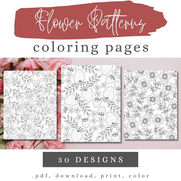 Flower pattern coloring pages, coloring pages for adults and teens, printable coloring page bundle, repeating flower designs for relaxing