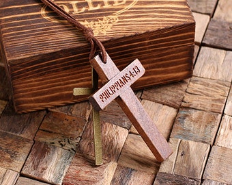 Personalized Wood Cross with Brass Cross Accents Religious Cross Necklace Birthday Christian Gift