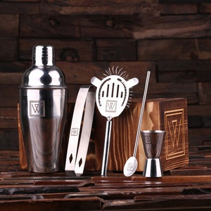 5pc Cocktail Shaker Mixer Sets with Wood Storage Box image 1