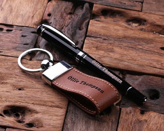 Personalized Brown Leather Key Chain and Pen Set (024973)