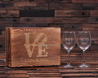 Personalized His and Hers Mr. and Mrs. Wine Glass With Wood Gift Box Wedding Gift