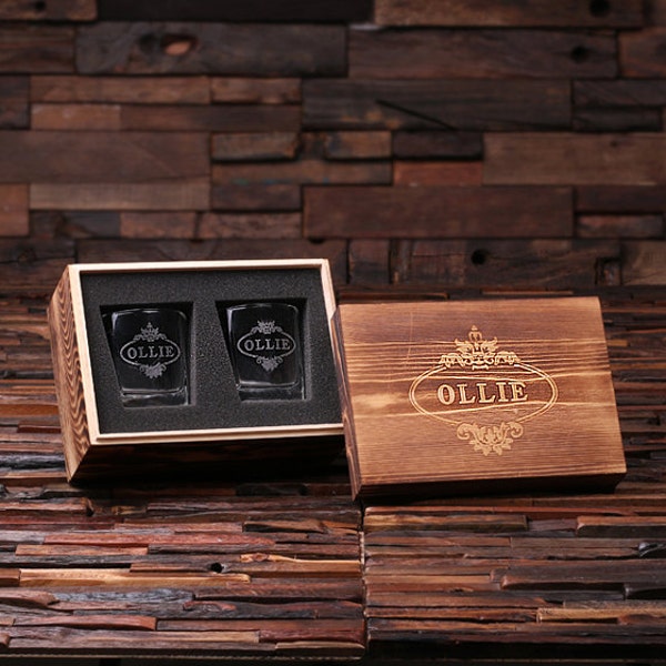 Whiskey Scotch Glass Set with Wood Box