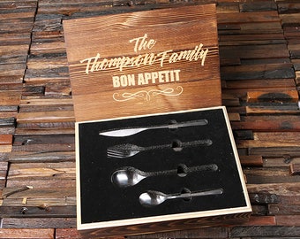 24 pc Personalized Cutlery Set Forks, Spoons Knife with Wood Box Customized Family Housewarming Gift Flatware Silverware Tableware  Engraved