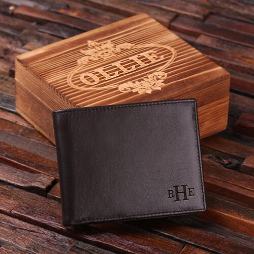 Personalized Monogrammed Engraved Genuine Leather Bifold Mens Wallet with Optional Wood Gift Box Groomsmen, Best Man, Father's Day Gift