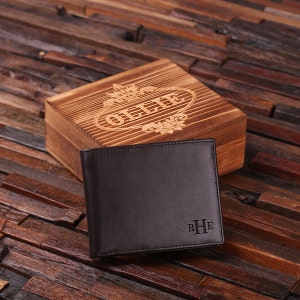 Personalized Monogrammed Engraved Genuine Leather Bifold Mens Wallet with Optional Wood Gift Box Groomsmen, Best Man, Father's Day Gift